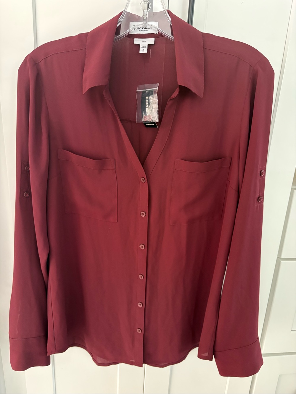 Express Button-Down Portofino Blouse in Burgundy Red